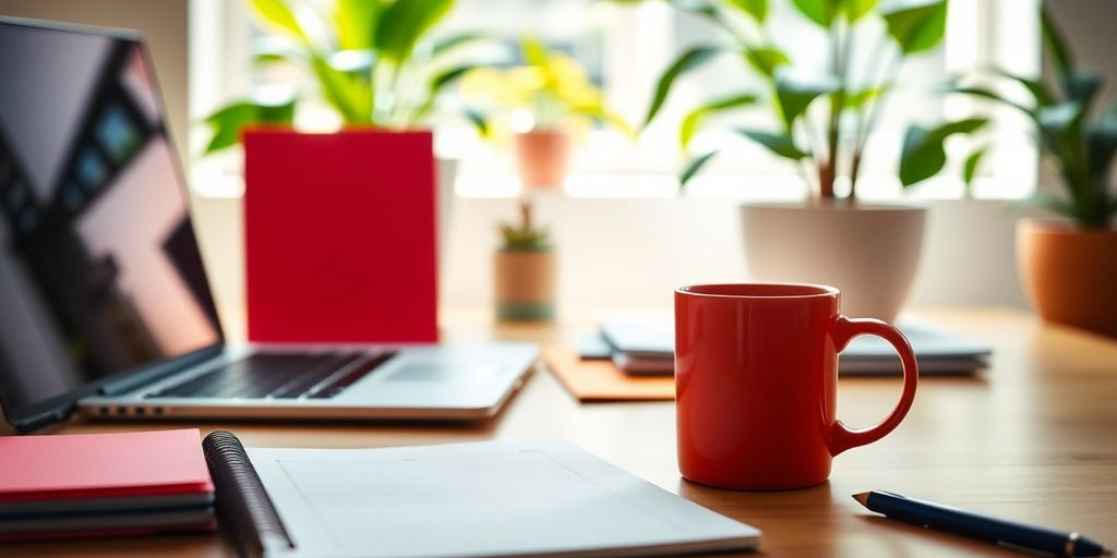A vibrant workspace with a laptop and planner.
