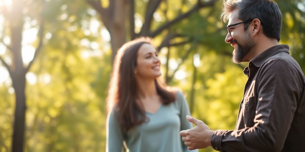 Two friends chatting in a sunny outdoor setting.