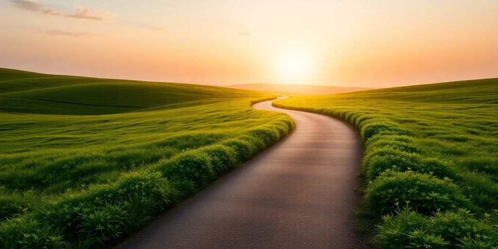 A winding path through greenery towards a bright horizon.