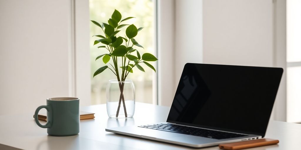 A peaceful workspace with laptop, plant, and coffee.