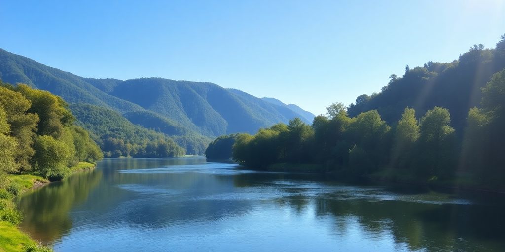 Tranquil landscape with a river and green hills.