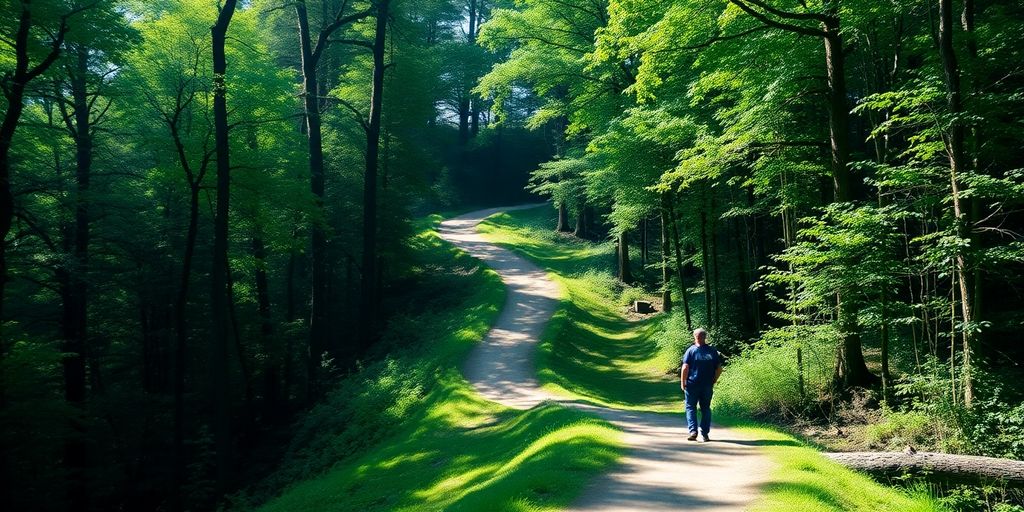 Person looking down a winding forest path.