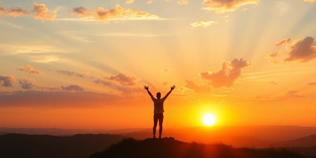 Person celebrating at sunrise on a scenic hilltop.