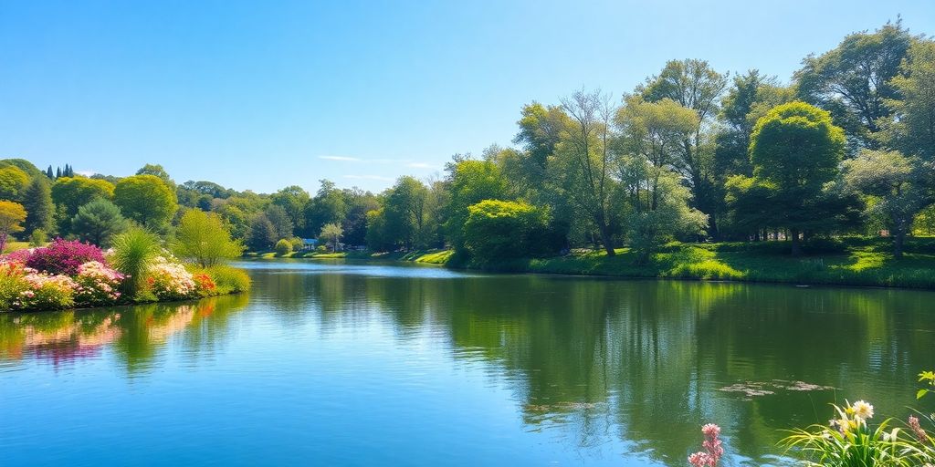 Lush green landscape with a calm lake and flowers.