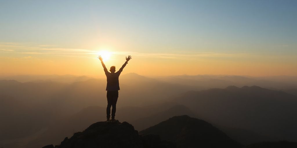 Person at mountain peak celebrating personal growth and potential.