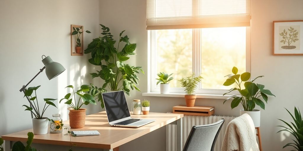 Cozy workspace blending nature and home for work-life harmony.