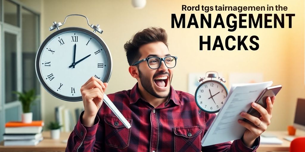 Person managing time with planner and clock in workspace.