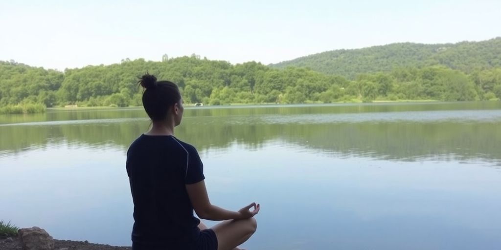 Person meditating by a calm lake in nature.