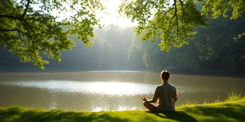 Person meditating by a peaceful lake in nature.