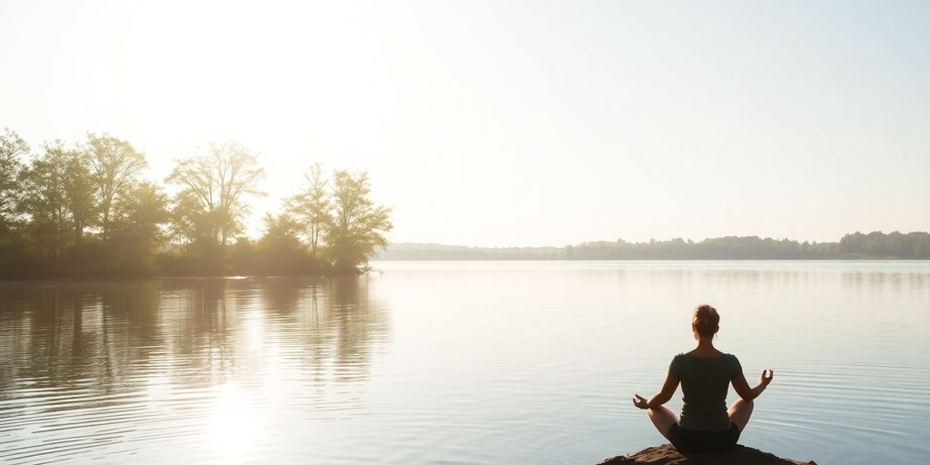 Person meditating by a calm lake surrounded by trees.