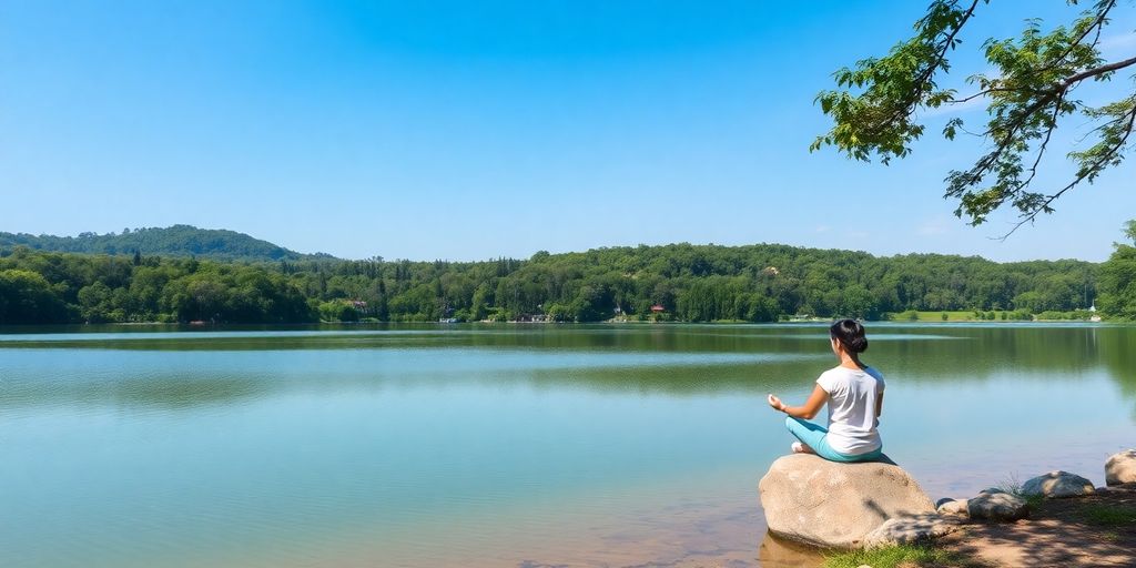 Person meditating by a tranquil lake in nature.