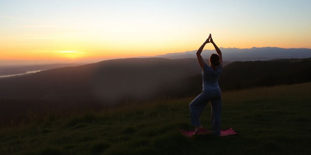 Person doing yoga in nature at sunrise.