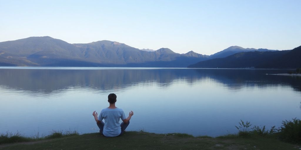 Person meditating by a calm lake in nature.