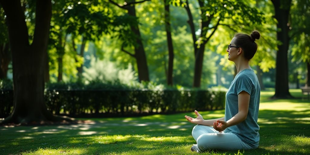 Person meditating in a peaceful park, surrounded by greenery.