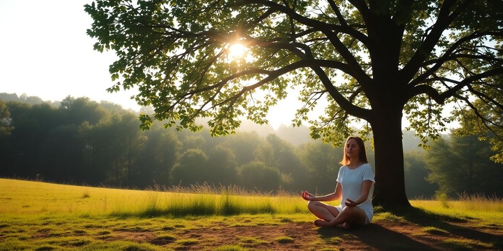 Person meditating peacefully in a tranquil natural setting.