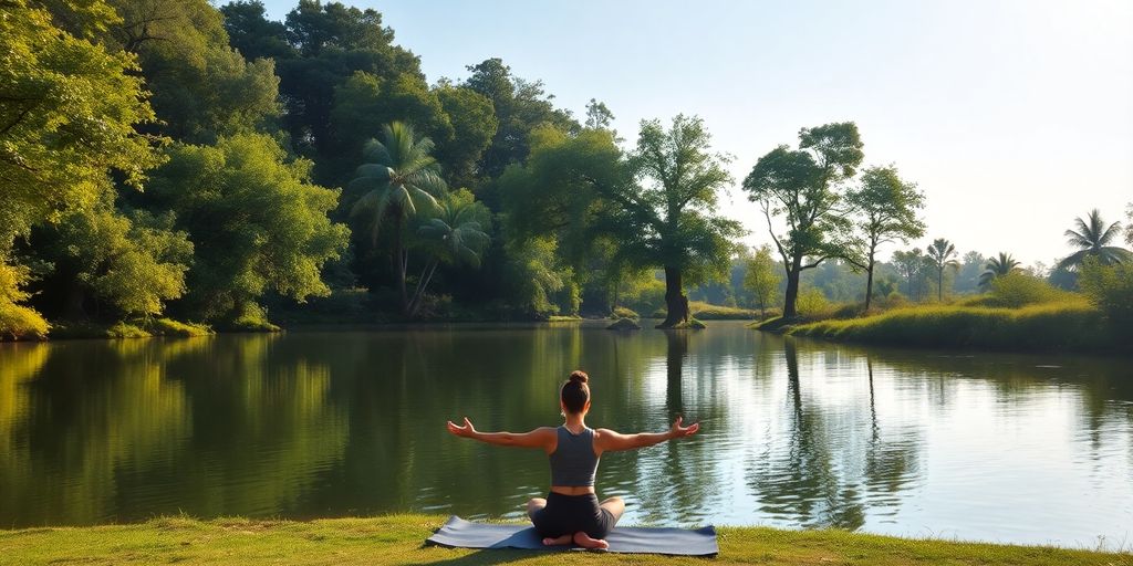 Person practicing yoga by a calm lake in nature.
