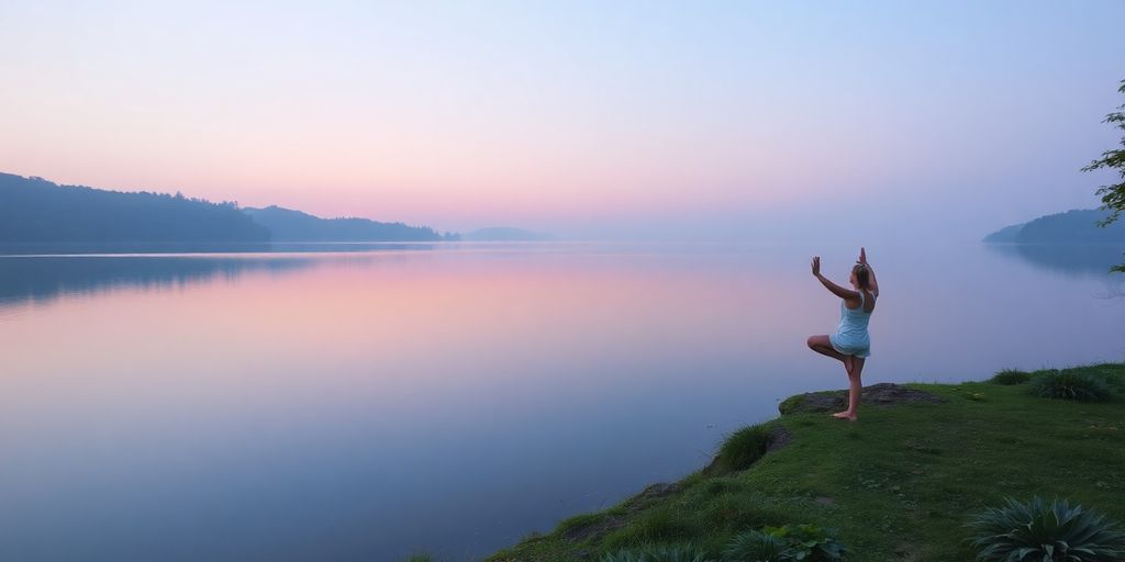 Person doing yoga by a calm lake at sunrise.