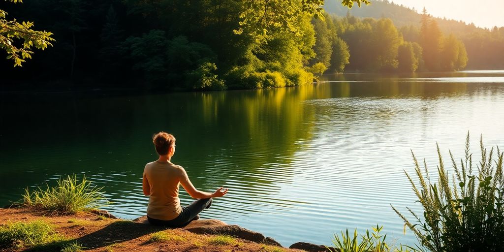 Person meditating near a calm lake in nature.