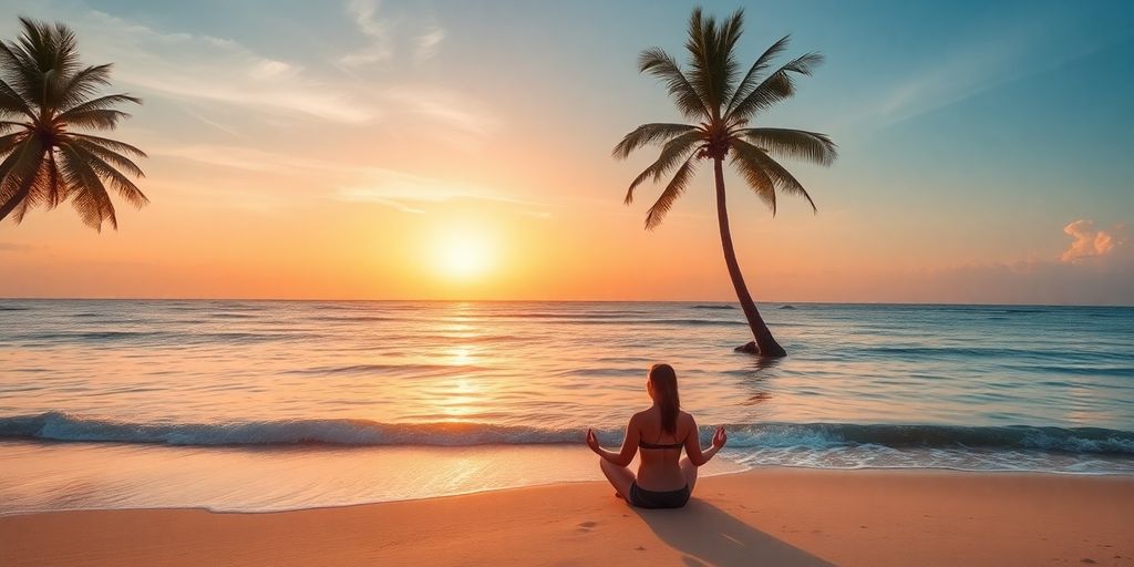 Person meditating on a beach at sunset.