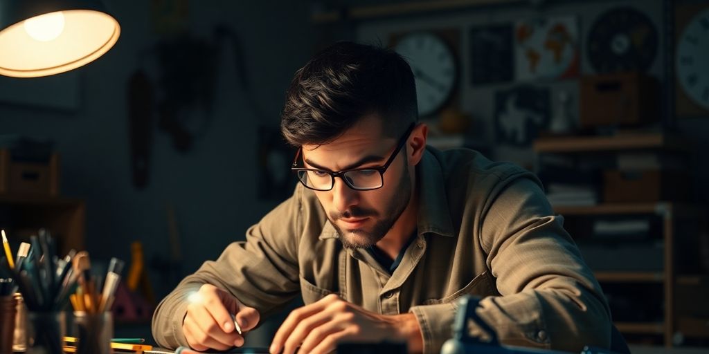 Person solving a problem with creative tools and focus.
