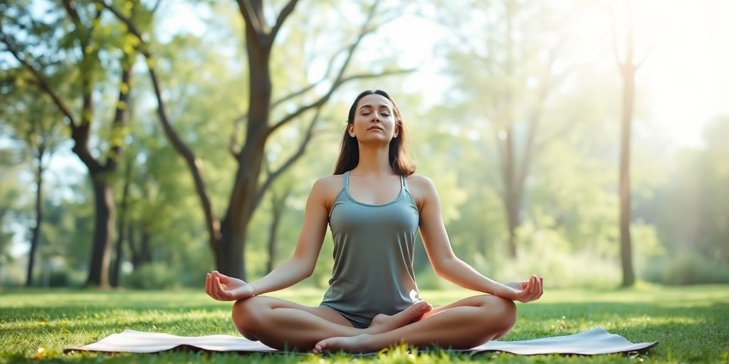 Person meditating outdoors in a peaceful nature setting.