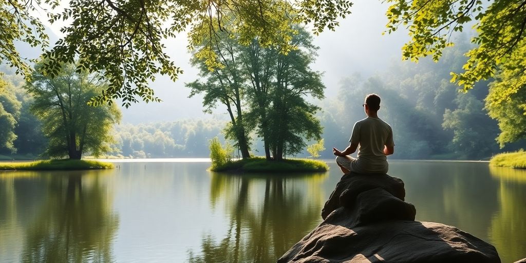 Person meditating by a calm lake in nature.