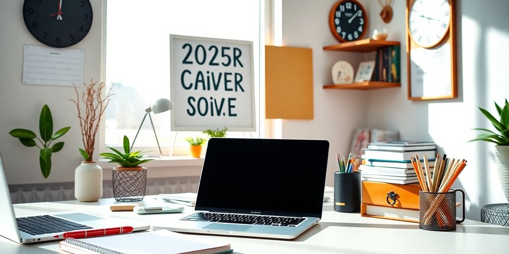 Motivational workspace with laptop and notepad for productivity.