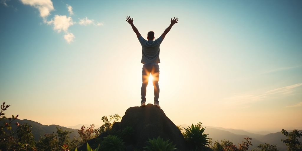 Person celebrating at mountain peak, symbolizing personal growth.