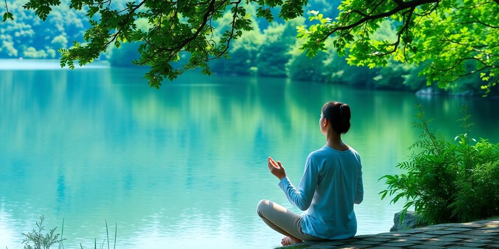 Person meditating by a peaceful lake in nature.