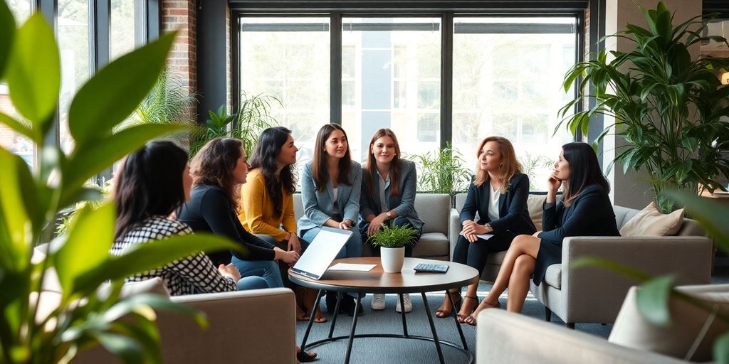 Diverse team discussing future planning in modern office.