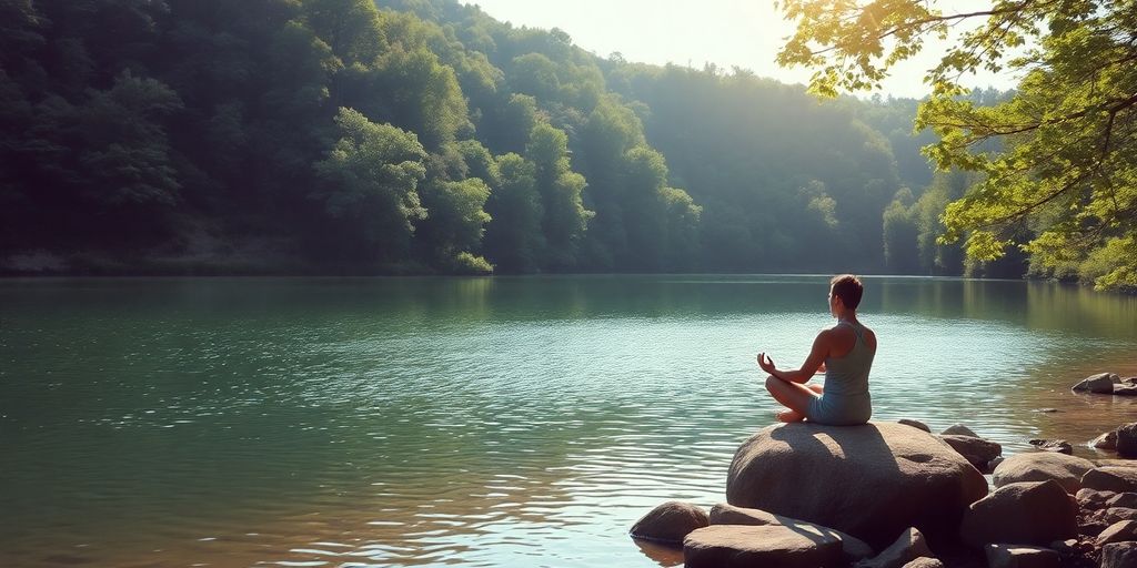 Person meditating by a calm lake in nature.