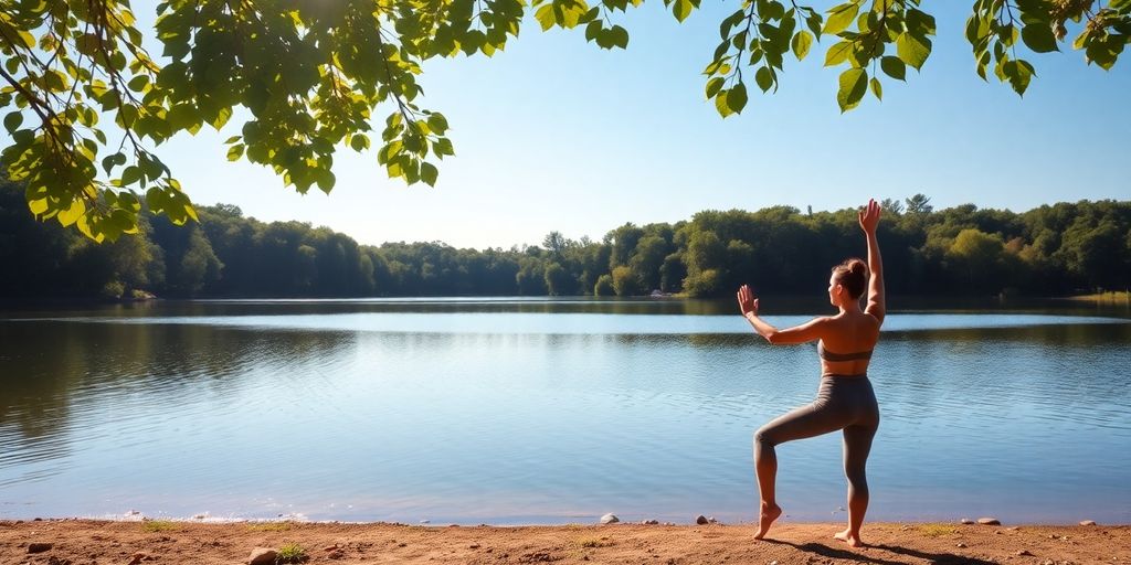 Person doing yoga by a calm lake in nature.