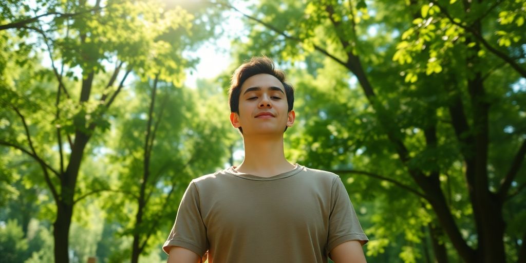 Person meditating outdoors among trees, promoting mental wellness.