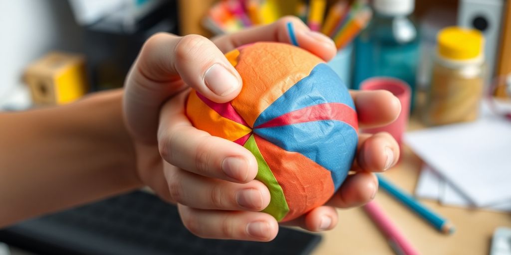 Hands squeezing a colorful stress ball for relief.