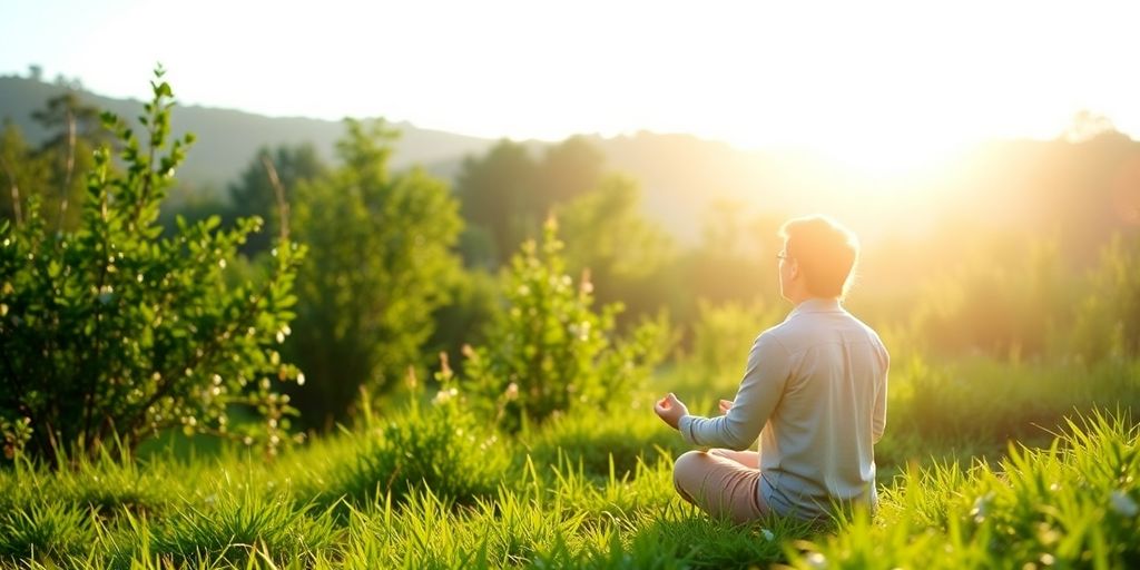Person meditating in peaceful nature setting for stress relief.