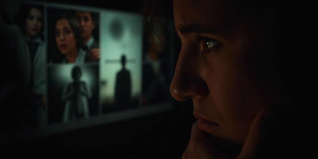 Distressed person reacting to troubling images in low light.