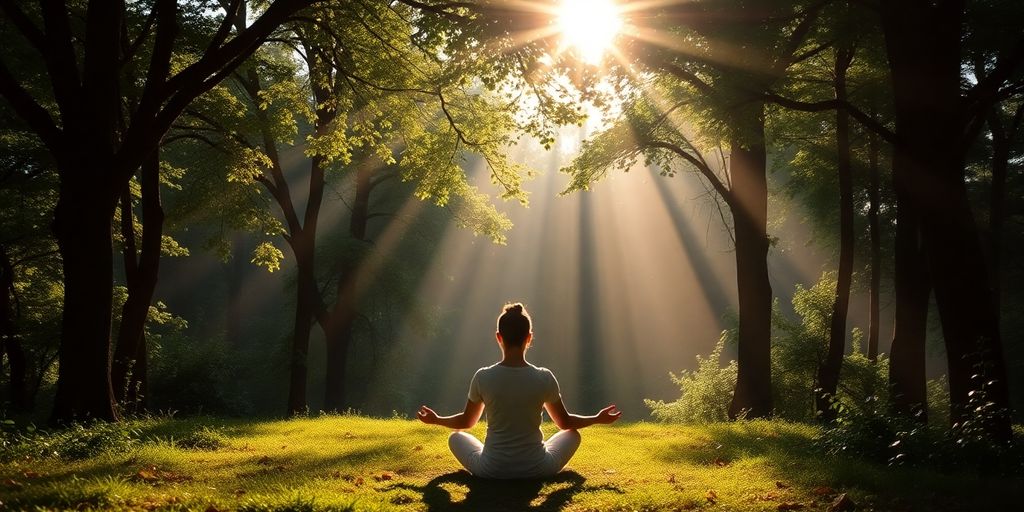 Person meditating in a peaceful natural setting.