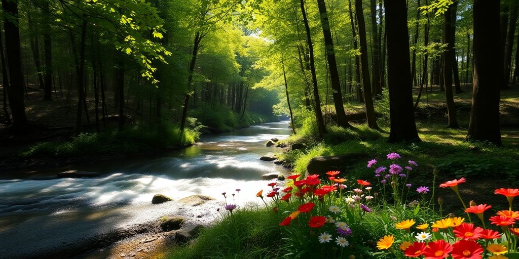 Calm forest with sunlight, stream, and blooming wildflowers.