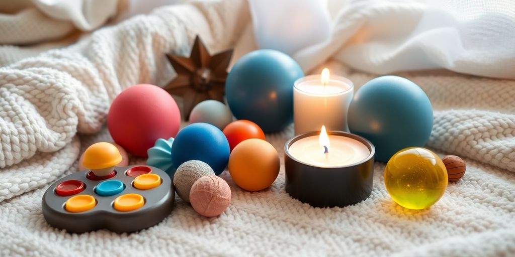 Relaxation objects for stress relief on a cozy surface.