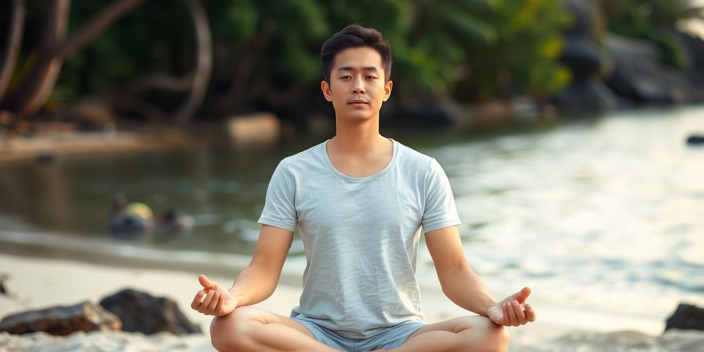 Person meditating in a serene, peaceful, natural setting.