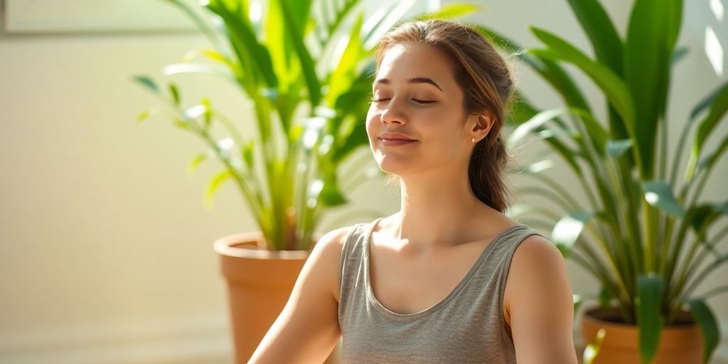 Person meditating, serene, sunlit, peaceful.