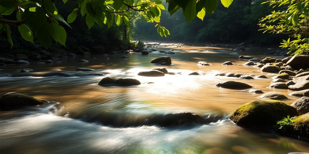 Water flowing over mossy rocks, dappled sunlight.