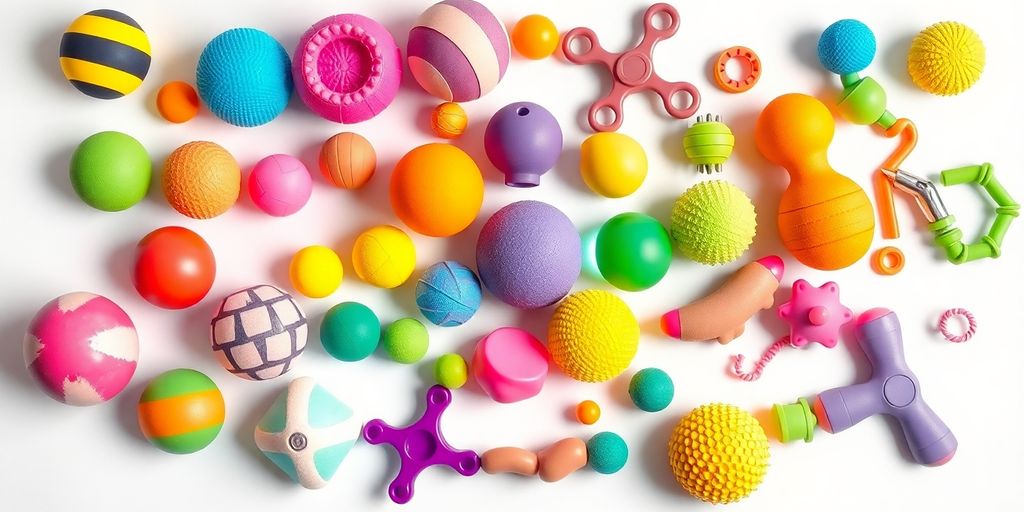 Colorful stress toys on a clean white surface.