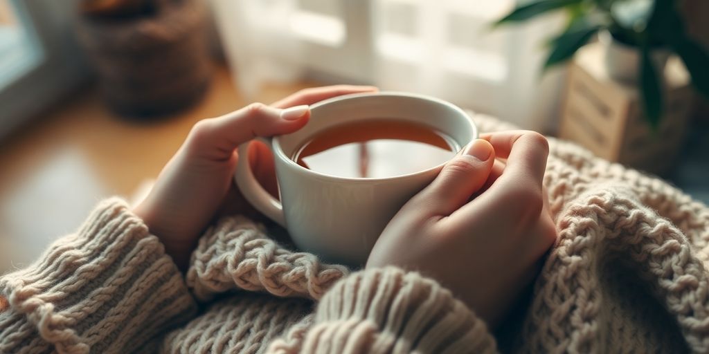 Person relaxing on a couch with a cozy blanket.
