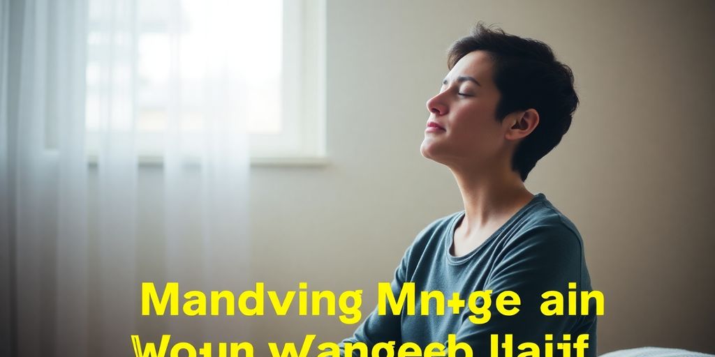 Person deep breathing calmly in a peaceful, sunlit room.