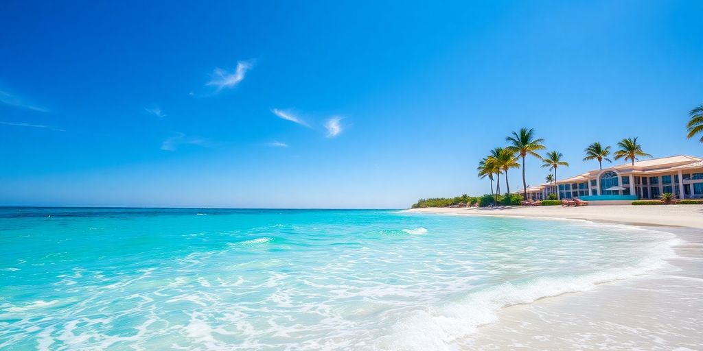 Serene beach escape, luxurious resort, calm ocean waves