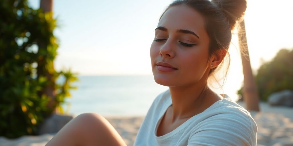 Person meditating peacefully outdoors in soft light.