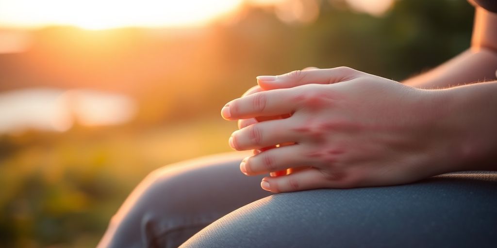 Serene person meditating outdoors, bathed in warm sunlight.