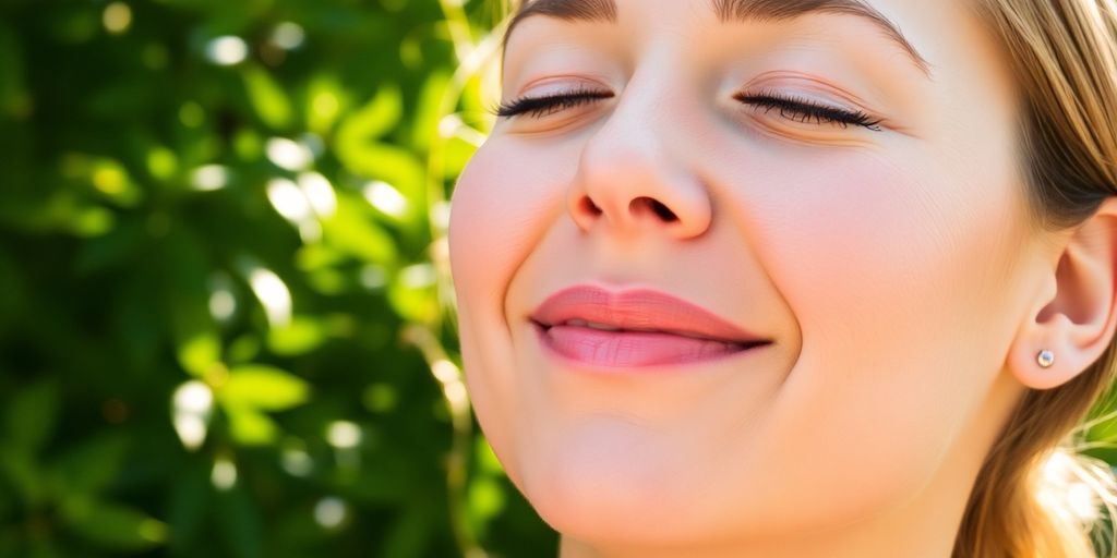 Person meditating peacefully in sunlit, green outdoor space.