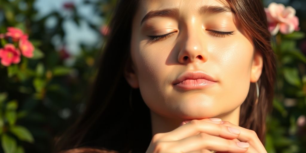 Person meditating peacefully in a sunlit, green garden.